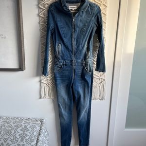 ETIENNE MARCEL Faded Wash Notch Lapel Denim Jumpsuit